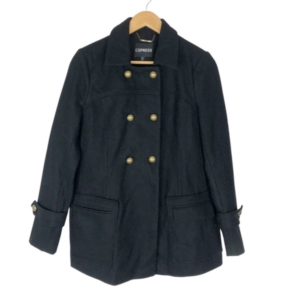Express Women’s Black Rectangular Wool Blend Winter Cold Weather Preppy Pea Coat - Picture 2 of 16
